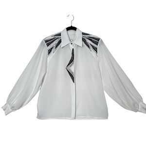 Vintage Western Pleated Beaded Blouse Retro Billowy Sleeves Geometric Bold